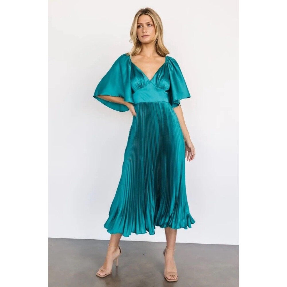 Flying Tomatoe Aubree Pleated Dress Jewel Green Smocked Greco Flowy Size Medium